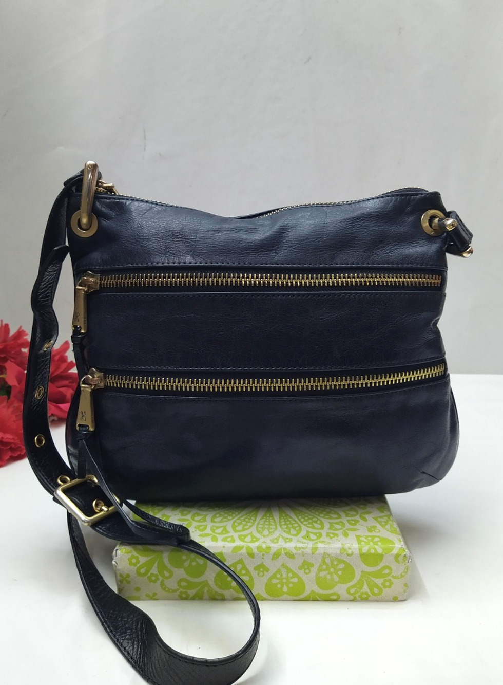 HOBO Black Leather Zipper Pockets Crossbody Bag